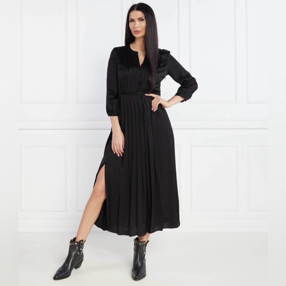 The Kooples Sz 6 Black Satin Minimalist Pleated Top Midi Dress
